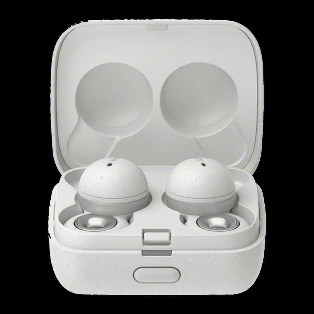 Estuche blanco con auriculares Sony LinkBuds WF-L900 TWS In-Ear; diseño esférico con anillo abierto, acabado moteado y base de carga compacta IPX4