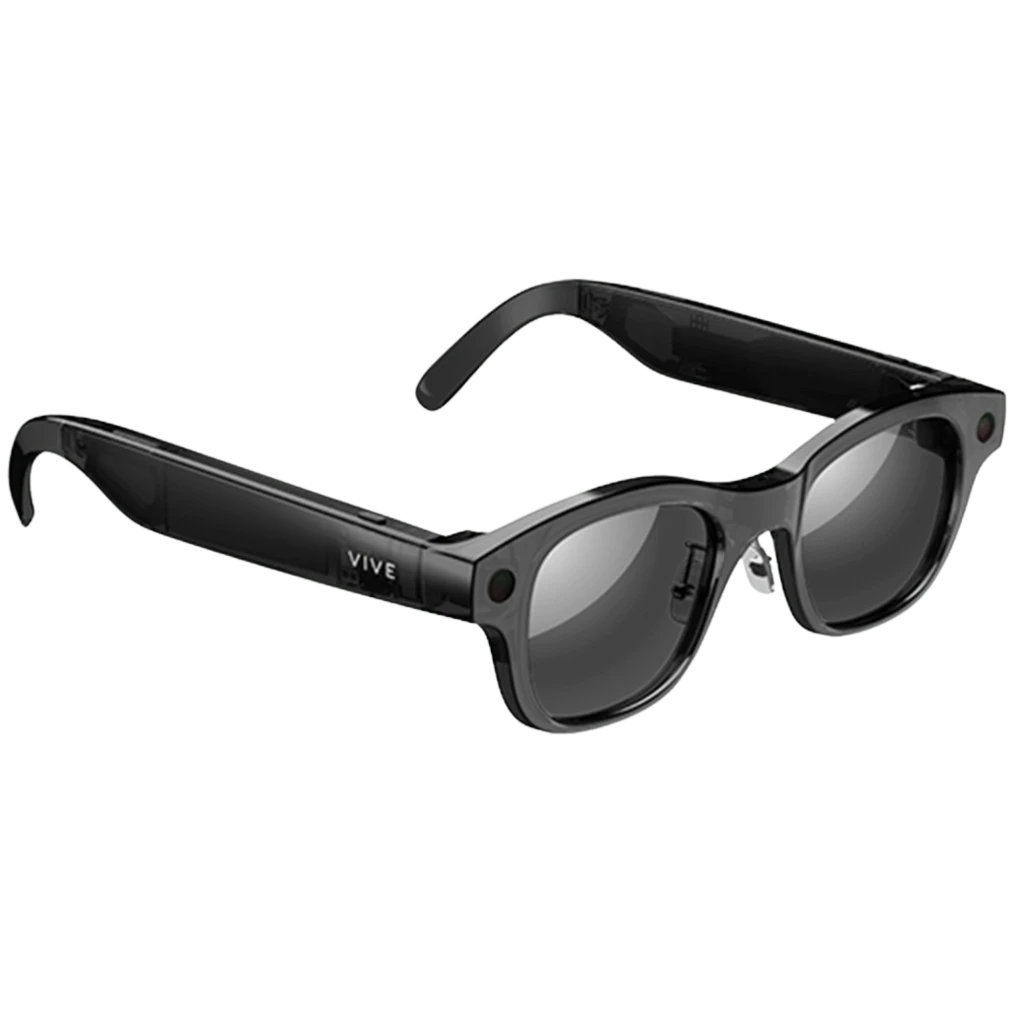 Óculos HTC Vive Eagle AI preto com lentes escuras, armação robusta, hastes espessas com módulos laterais e ponte nasal ajustável; design urbano discreto - Item2
