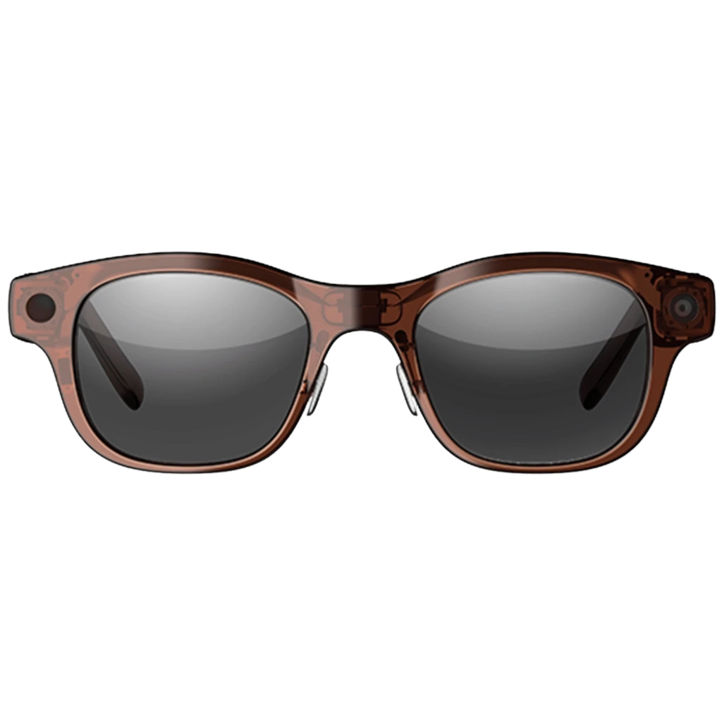 Óculos HTC Vive Eagle AI castanhos com lentes escuras, armação robusta e hastes espessas; câmera 12 MP integrada e áudio espacial com auscultadores abertos - Item3