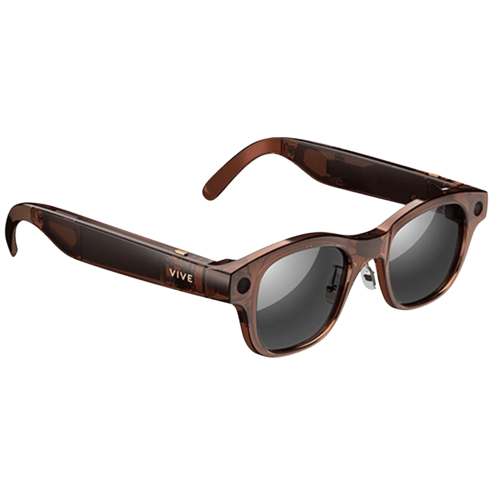 Óculos HTC Vive Eagle AI castanhos com lentes escuras, armação robusta e hastes espessas; câmera 12 MP integrada e áudio espacial com auscultadores abertos - Item4