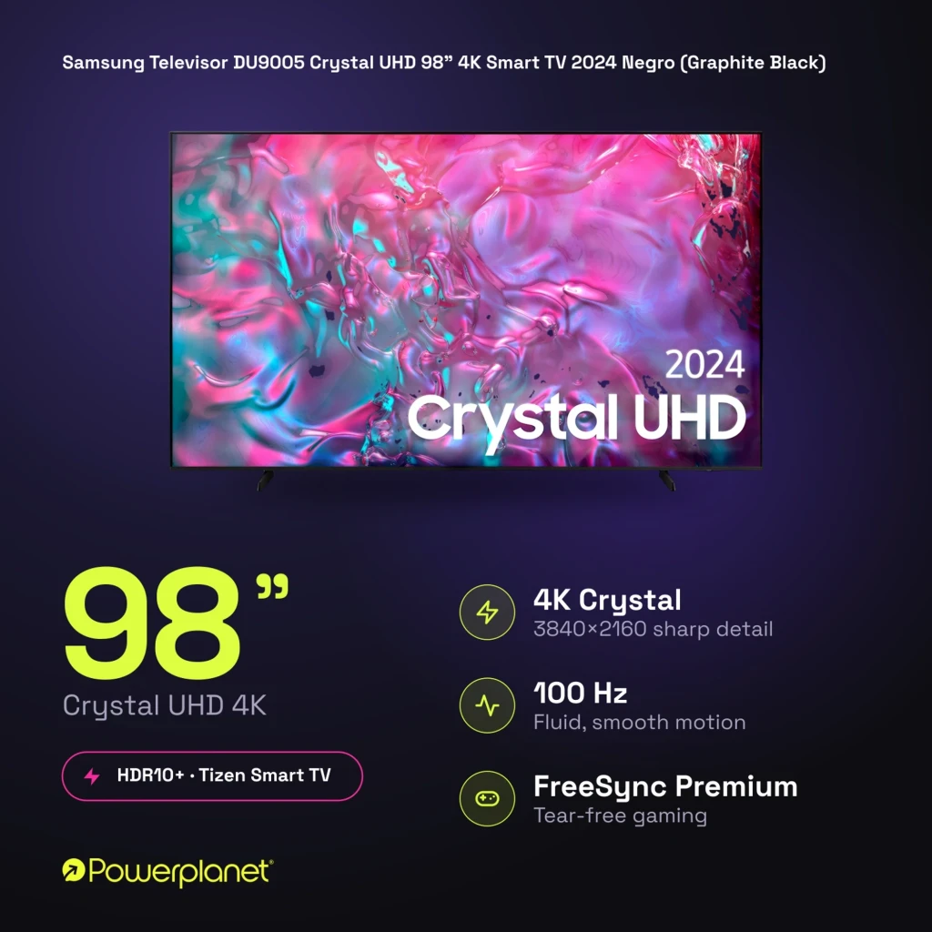 Samsung Crystal DU9005 98 LED 4K com tela fina sem bordas aparentes, base dupla discreta e imagem vibrante em tons rosa e azul; logotipo Samsung e Crystal UHD - Item1