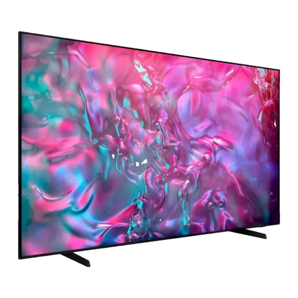 Samsung Crystal DU9005 98 LED 4K com tela fina sem bordas aparentes, base dupla discreta e imagem vibrante em tons rosa e azul; logotipo Samsung e Crystal UHD - Item5