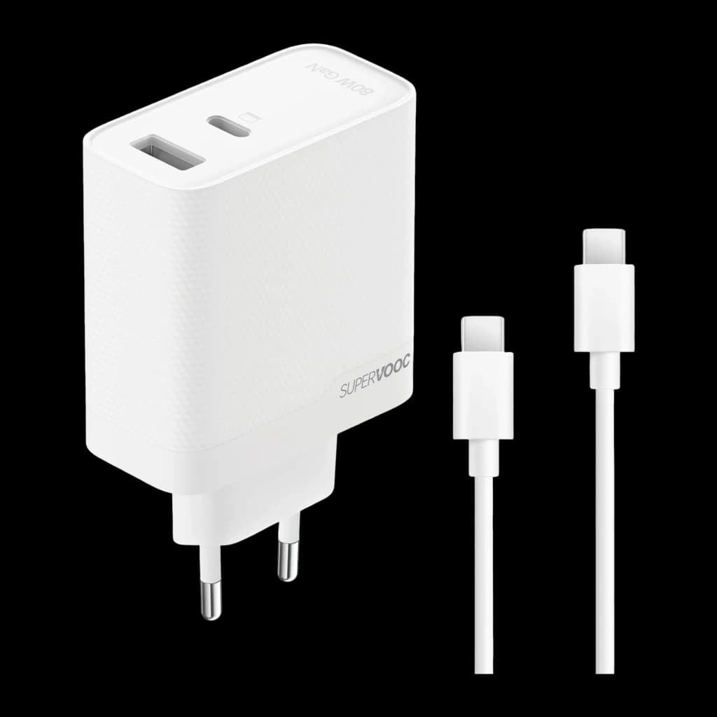 Chargeur blanc compact OnePlus SUPERVOOC 80W avec deux ports USB A et USB C, technologie GaN, texture antidérapante, câbles USB C inclus