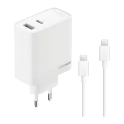 Chargeur blanc compact OnePlus SUPERVOOC 80W avec deux ports USB A et USB C, technologie GaN, texture antidérapante, câbles USB C inclus