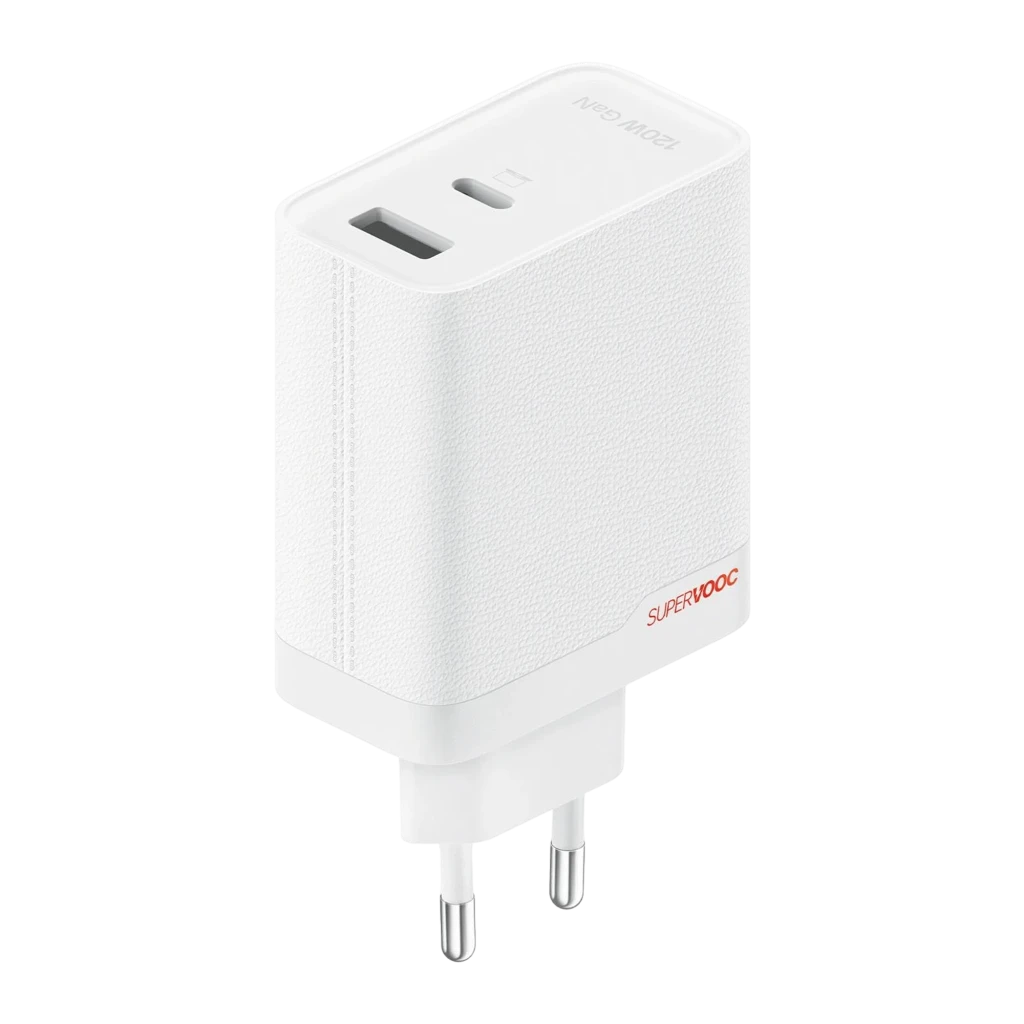 Cargador OnePlus SUPERVOOC 80W Dual Ports GaN blanco con textura, dos puertos USB A y USB C, clavija europea y cables USB C incluidos - Ítem1
