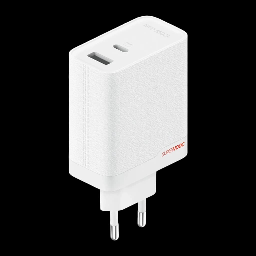 Chargeur mural blanc OnePlus SUPERVOOC 80W, design compact GaN, deux ports USB A et USB C, texture antidérapante, prise européenne à deux broches