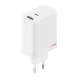 Chargeur mural blanc OnePlus SUPERVOOC 80W, design compact GaN, deux ports USB A et USB C, texture antidérapante, prise européenne à deux broches