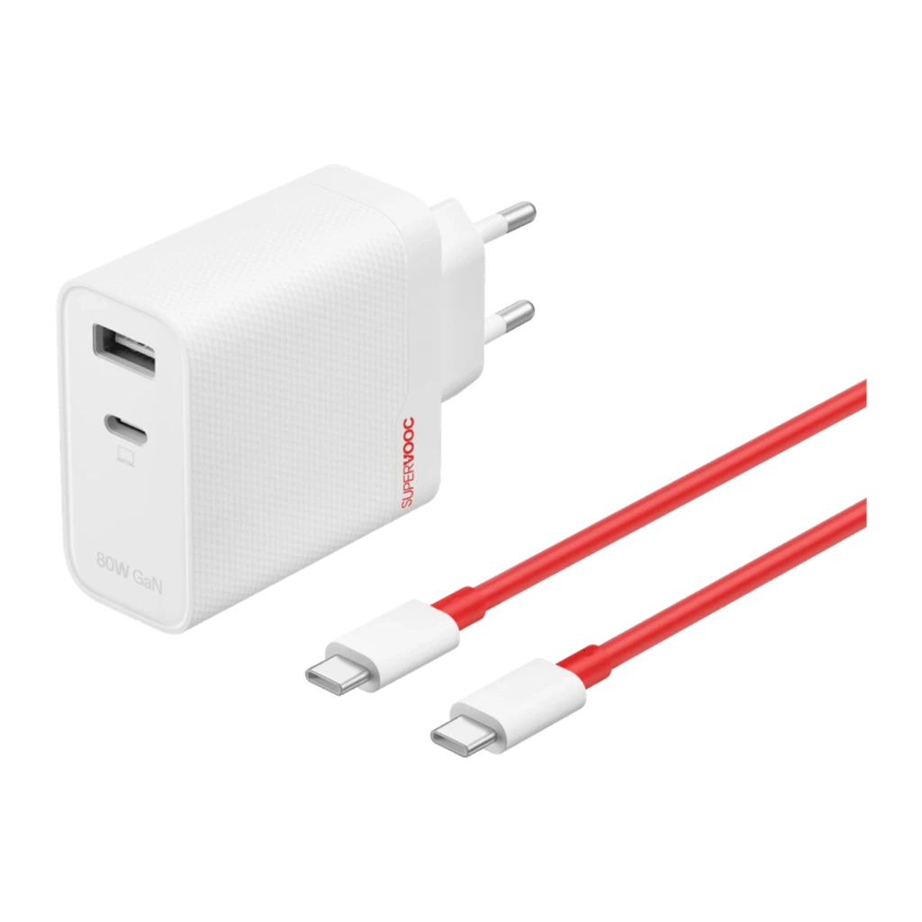 Cargador OnePlus SUPERVOOC 80W Dual Ports GaN blanco con textura, dos puertos USB A y USB C, clavija europea y cables USB C incluidos - Ítem2