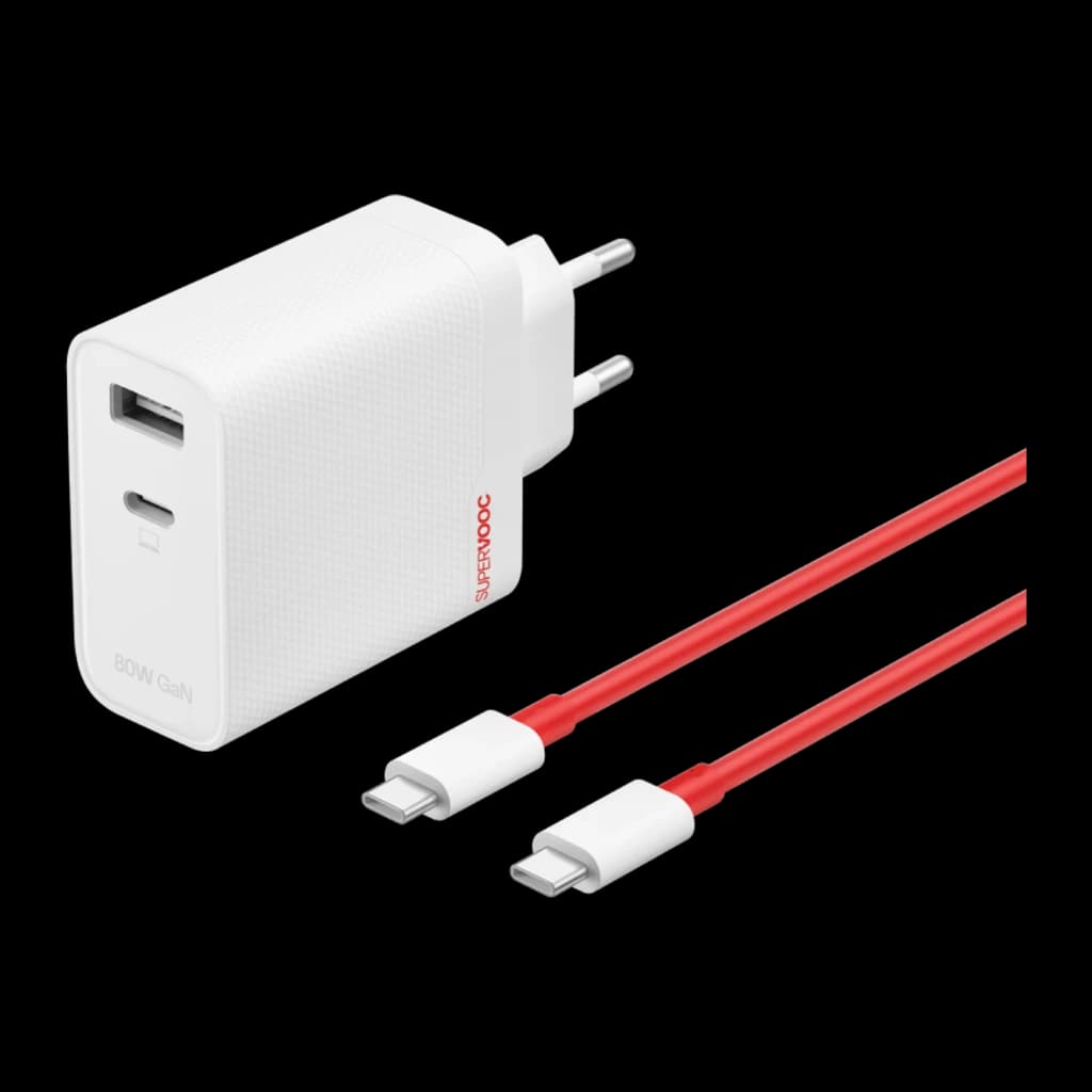 Chargeur OnePlus SUPERVOOC 80W Dual Ports GaN blanc, texture quadrillée, deux câbles USB‑C rouges, ports USB‑A et USB‑C, compact avec prises EU