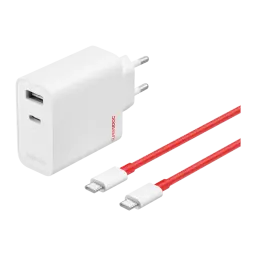 Chargeur OnePlus SUPERVOOC 80W Dual Ports GaN blanc, texture quadrillée, deux câbles USB‑C rouges, ports USB‑A et USB‑C, compact avec prises EU