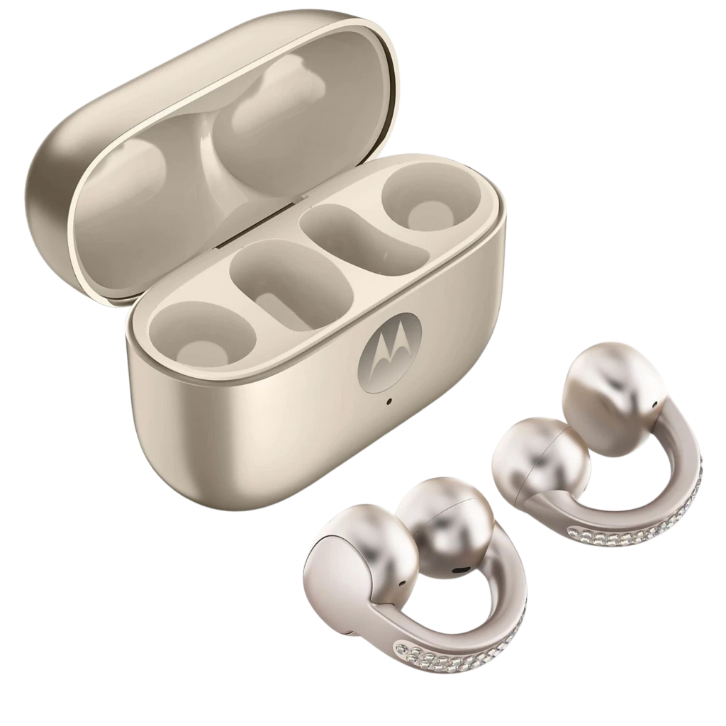 Estojo bege com fones intra-auriculares sem fio, aro com cristais, ganchos Loop ergonômicos, logomarca Motorola frontal e acabamento brilhante - Item2