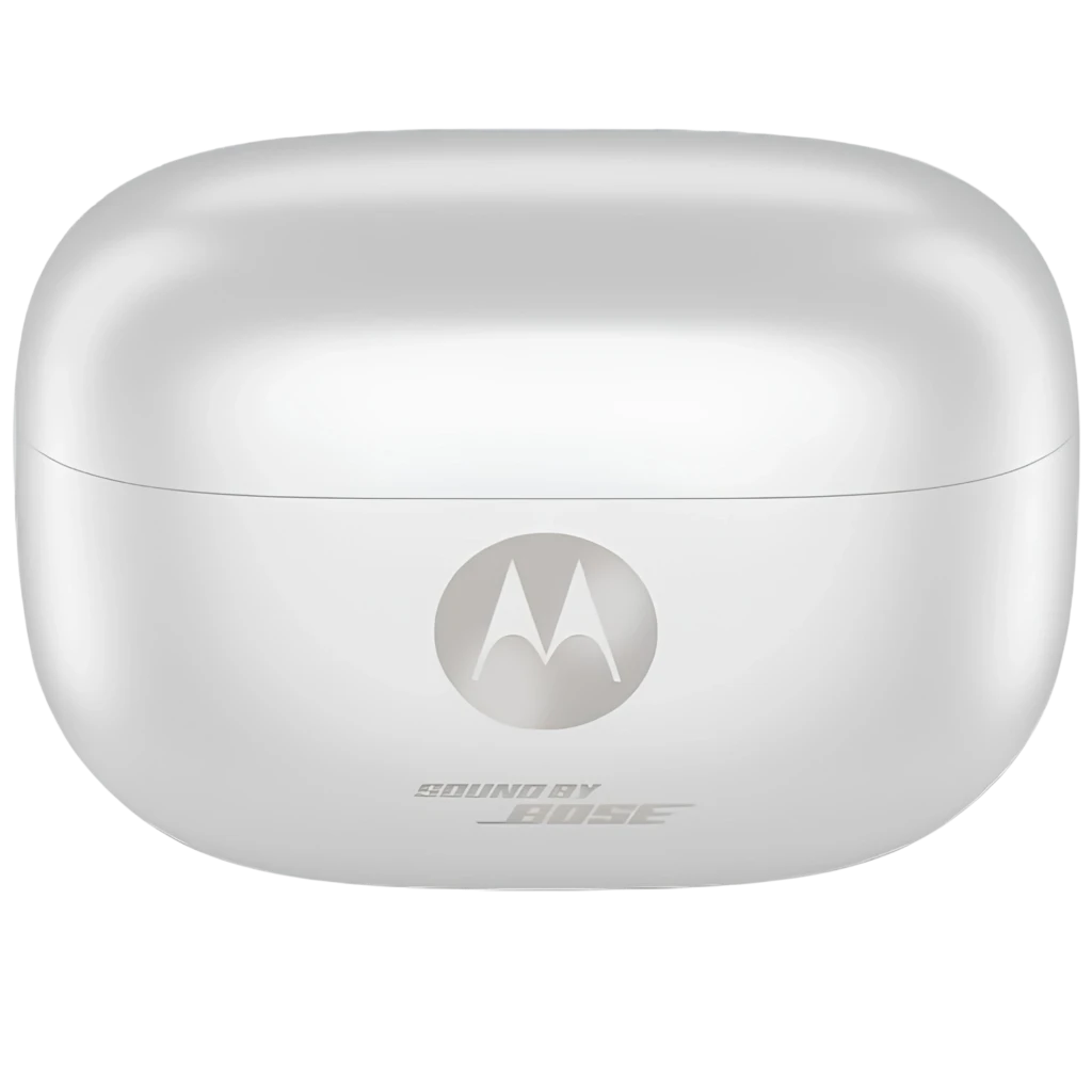 Boîtier blanc brillant avec logo Motorola abritant deux écouteurs intra-auriculaires compacts, embouts ovales et évents noirs, intérieur bleu pâle - Ítem3
