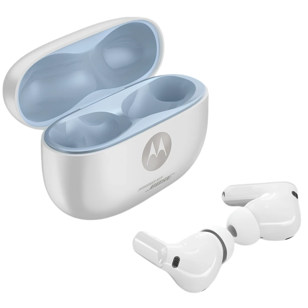 Boîtier blanc brillant avec logo Motorola abritant deux écouteurs intra-auriculaires compacts, embouts ovales et évents noirs, intérieur bleu pâle - Ítem1