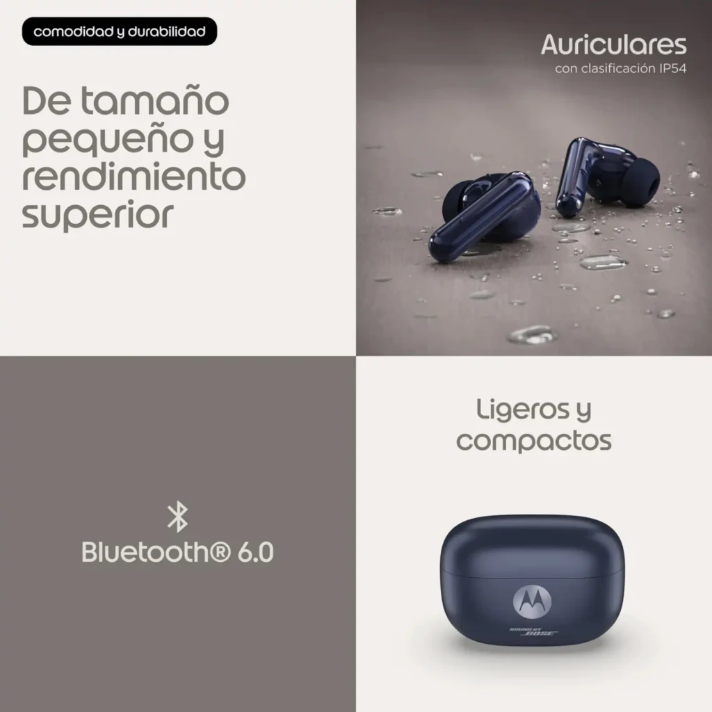 Boîtier blanc brillant avec logo Motorola abritant deux écouteurs intra-auriculaires compacts, embouts ovales et évents noirs, intérieur bleu pâle - Ítem8