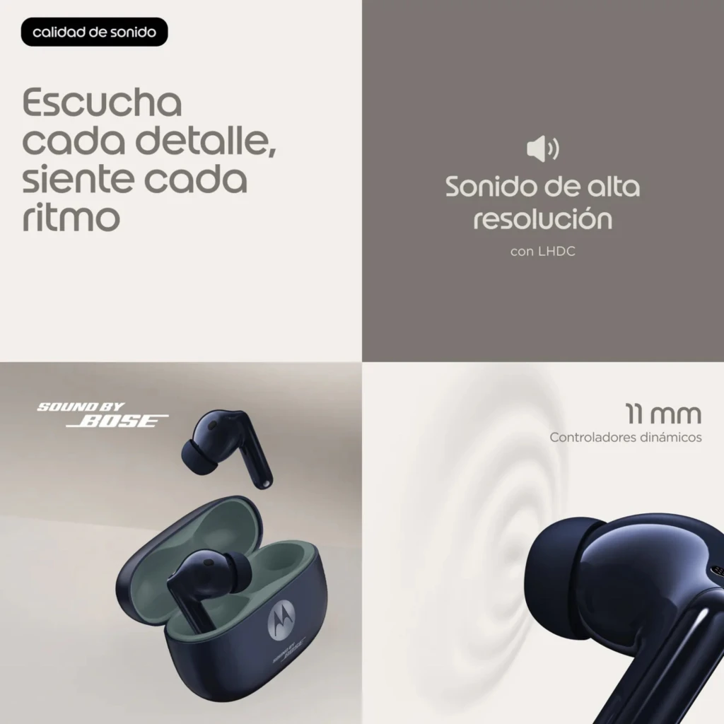 Boîtier blanc brillant avec logo Motorola abritant deux écouteurs intra-auriculaires compacts, embouts ovales et évents noirs, intérieur bleu pâle - Ítem4