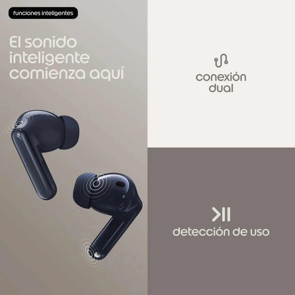 Boîtier blanc brillant avec logo Motorola abritant deux écouteurs intra-auriculaires compacts, embouts ovales et évents noirs, intérieur bleu pâle - Ítem5