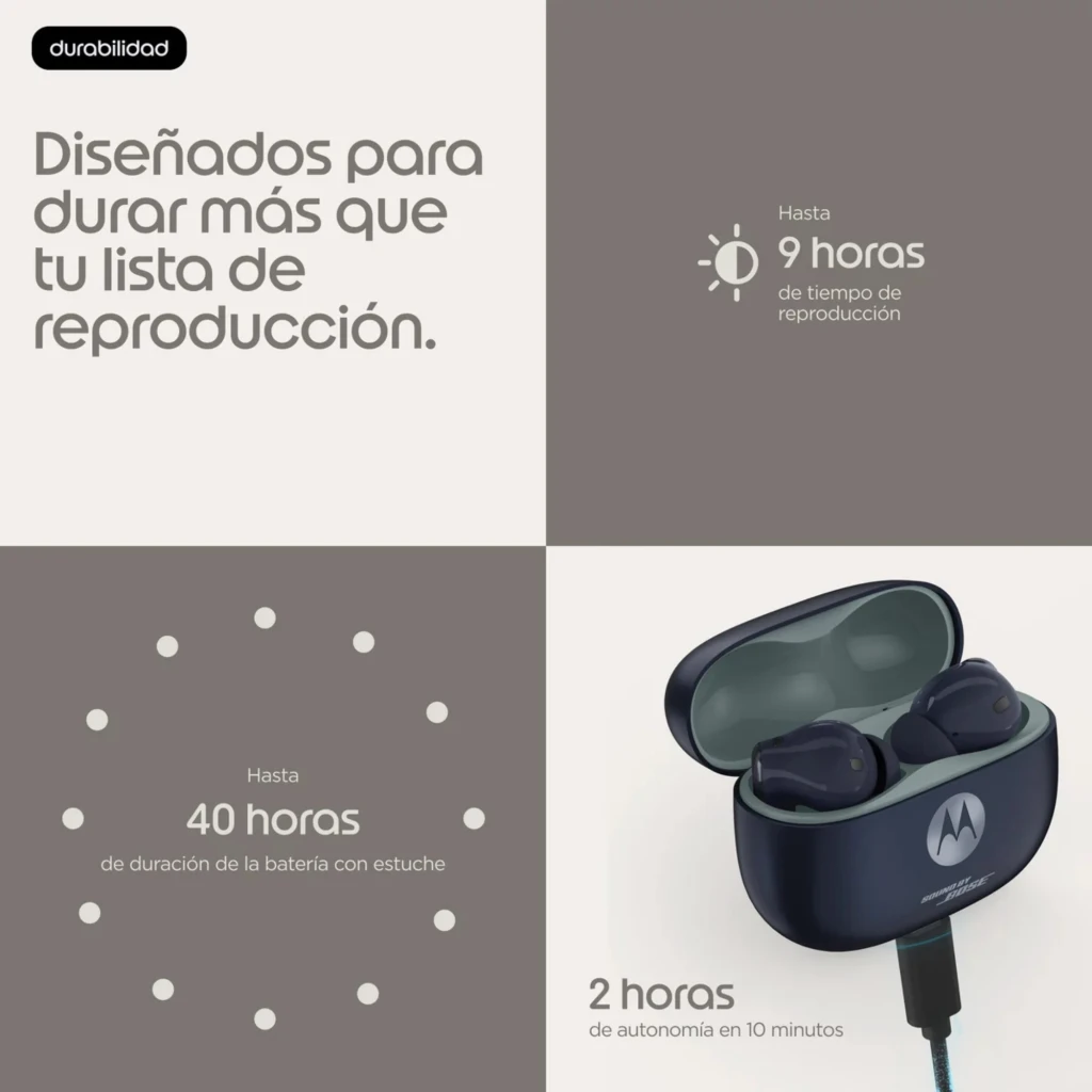 Boîtier blanc brillant avec logo Motorola abritant deux écouteurs intra-auriculaires compacts, embouts ovales et évents noirs, intérieur bleu pâle - Ítem6