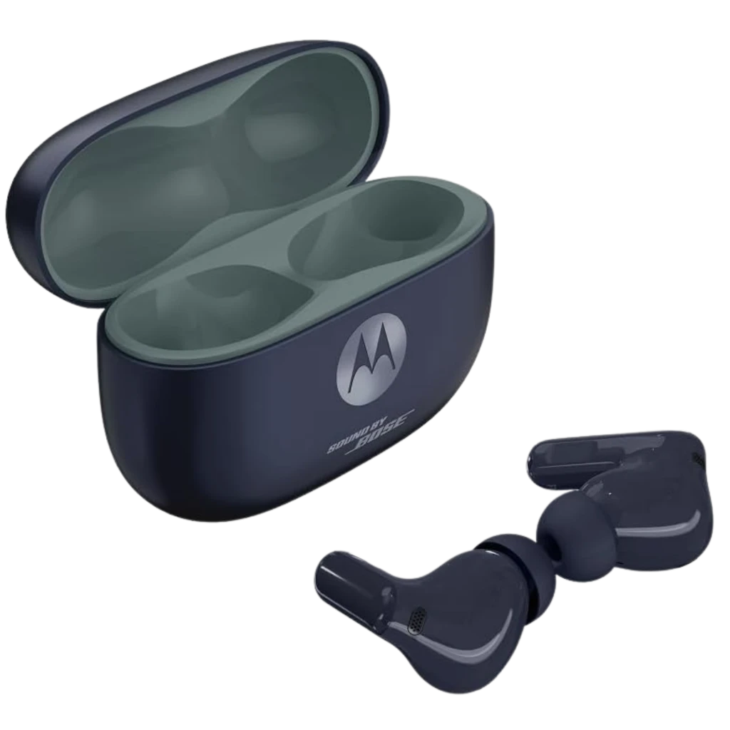 Boîtier bleu nuit compact avec deux écouteurs intra-auriculaires lisses, embouts ergonomiques, finition brillante, logo Motorola visible en façade - Ítem8