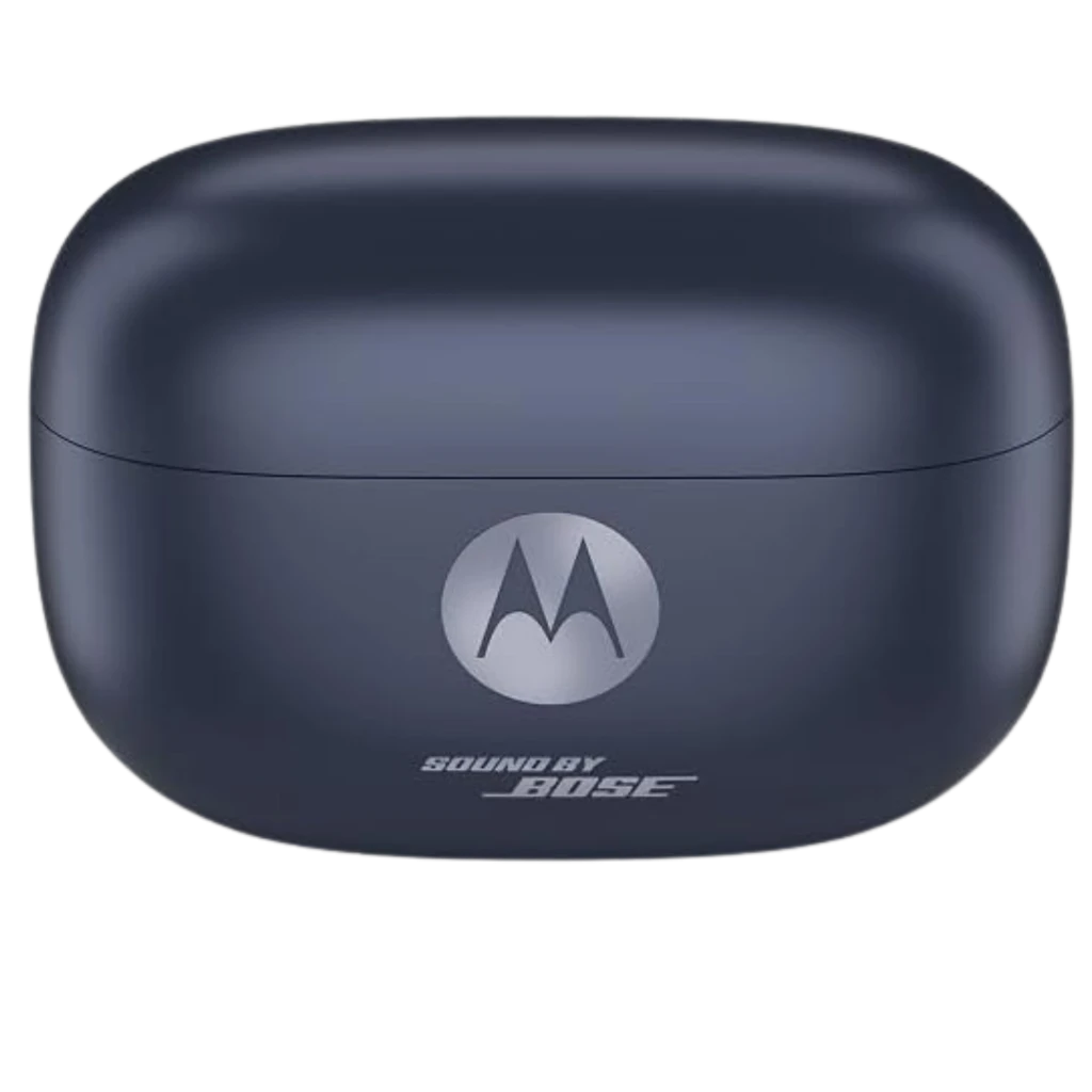 Boîtier bleu nuit compact avec deux écouteurs intra-auriculaires lisses, embouts ergonomiques, finition brillante, logo Motorola visible en façade - Ítem7