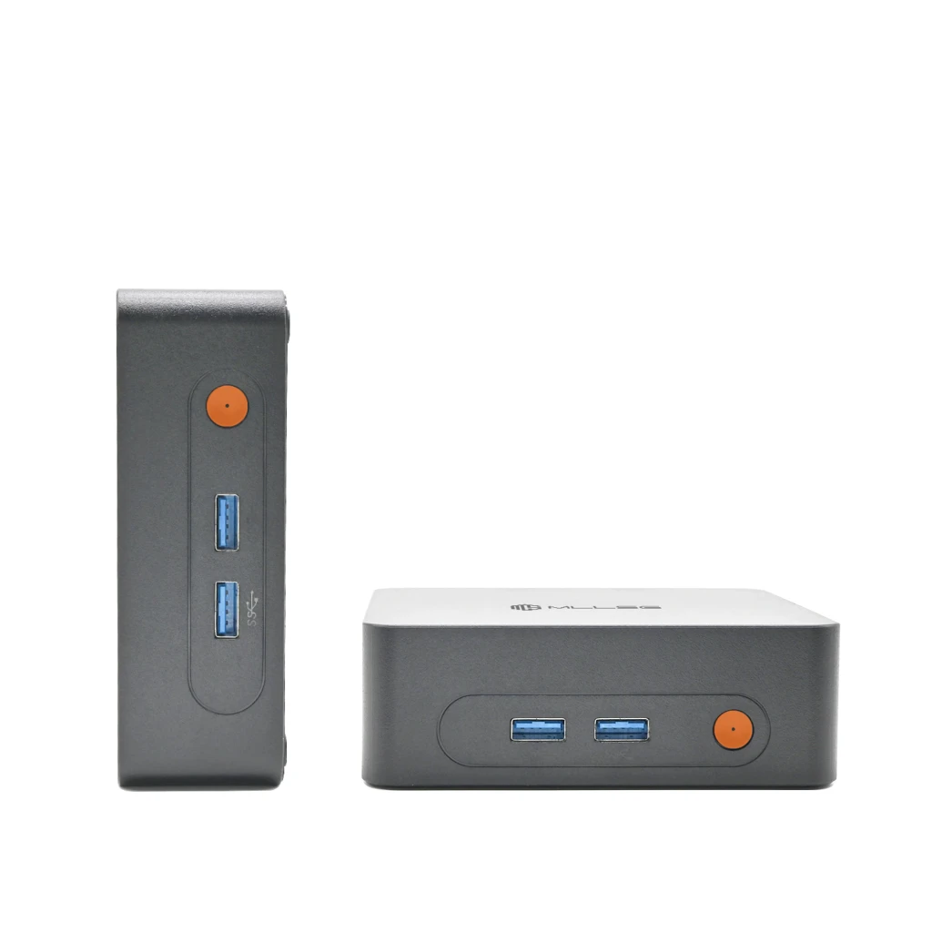 Mini PC MLLSE M3 Pro compacto em alumínio cinza, ventilação lateral, 2 portas USB 3.0 frontais e botão laranja; design minimalista para desktop - Item1