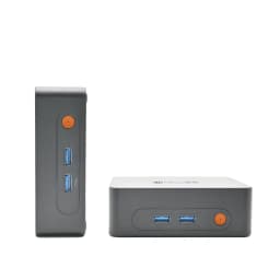 Mini PC MLLSE M3 Pro gris compacto con frontal de dos puertos USB 3.0 azules y botón naranja; vista frontal y lateral mostrando diseño minimalista