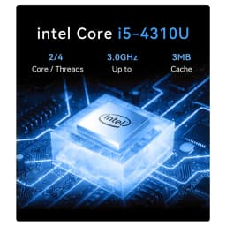 Chip Intel Core i5-4310U iluminado en placa base azul, destaca 2/4 núcleos hilos, hasta 3.0 GHz y 3 MB de caché, estilo tecnológico y futurista