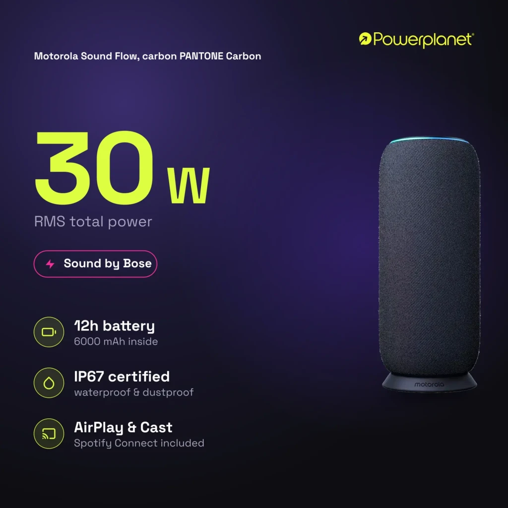 Altavoz Bluetooth cilíndrico Motorola color carbón con malla textil, base estable y aro LED superior; diseño resistente IP67, potencia 30 W y autonomía 12 h - Ítem4