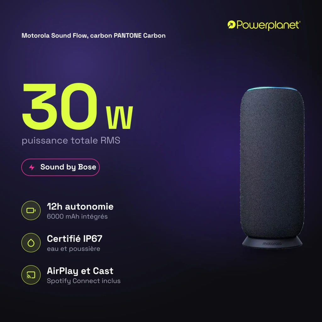 Altavoz Bluetooth cilíndrico Motorola color carbón con malla textil, base estable y aro LED superior; diseño resistente IP67, potencia 30 W y autonomía 12 h - Ítem3