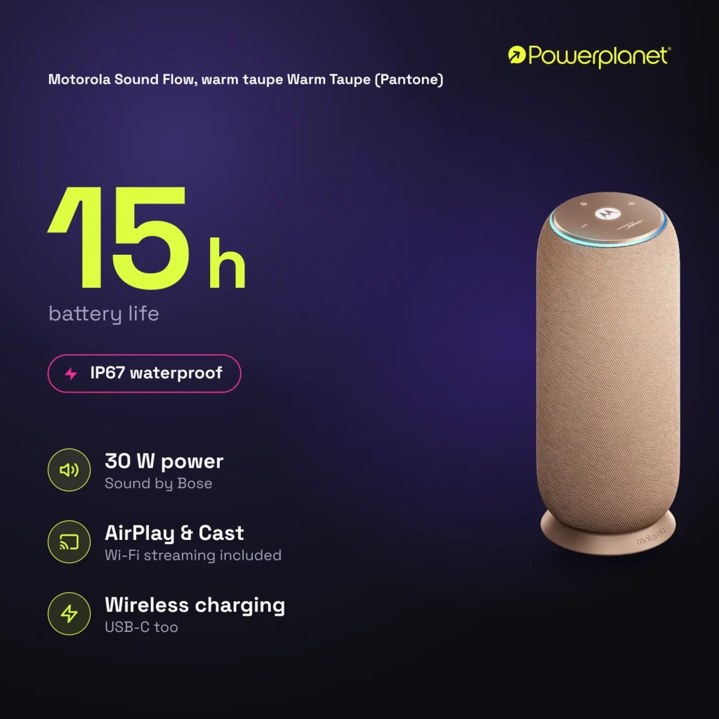 Altavoz cilíndrico Warm Taupe con tela tejida, base antideslizante y anillo LED superior; botones táctiles y logo Motorola centrado en la parte superior - Ítem3