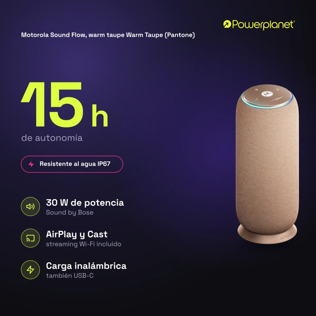 Altavoz cilíndrico Warm Taupe con tela tejida, base antideslizante y anillo LED superior; botones táctiles y logo Motorola centrado en la parte superior - Ítem6