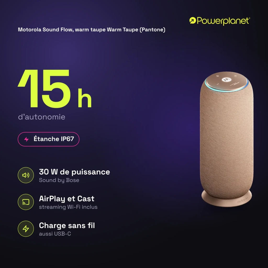 Altavoz cilíndrico Warm Taupe con tela tejida, base antideslizante y anillo LED superior; botones táctiles y logo Motorola centrado en la parte superior - Ítem4