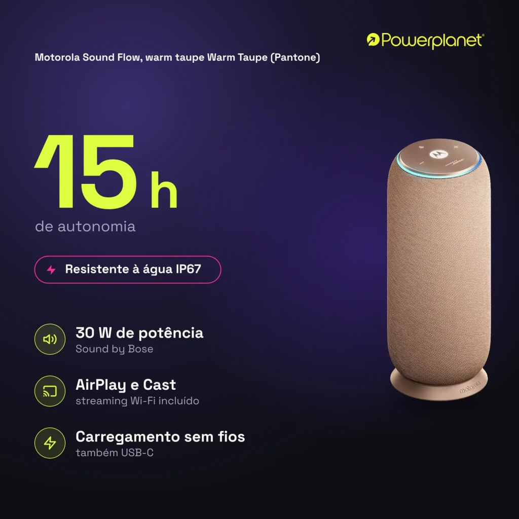 Altavoz cilíndrico Warm Taupe con tela tejida, base antideslizante y anillo LED superior; botones táctiles y logo Motorola centrado en la parte superior - Ítem5