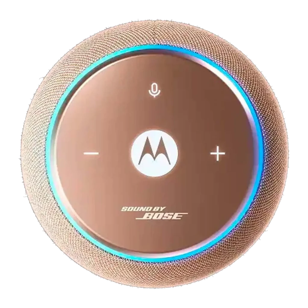 Altavoz cilíndrico Warm Taupe con tela tejida, base antideslizante y anillo LED superior; botones táctiles y logo Motorola centrado en la parte superior - Ítem2