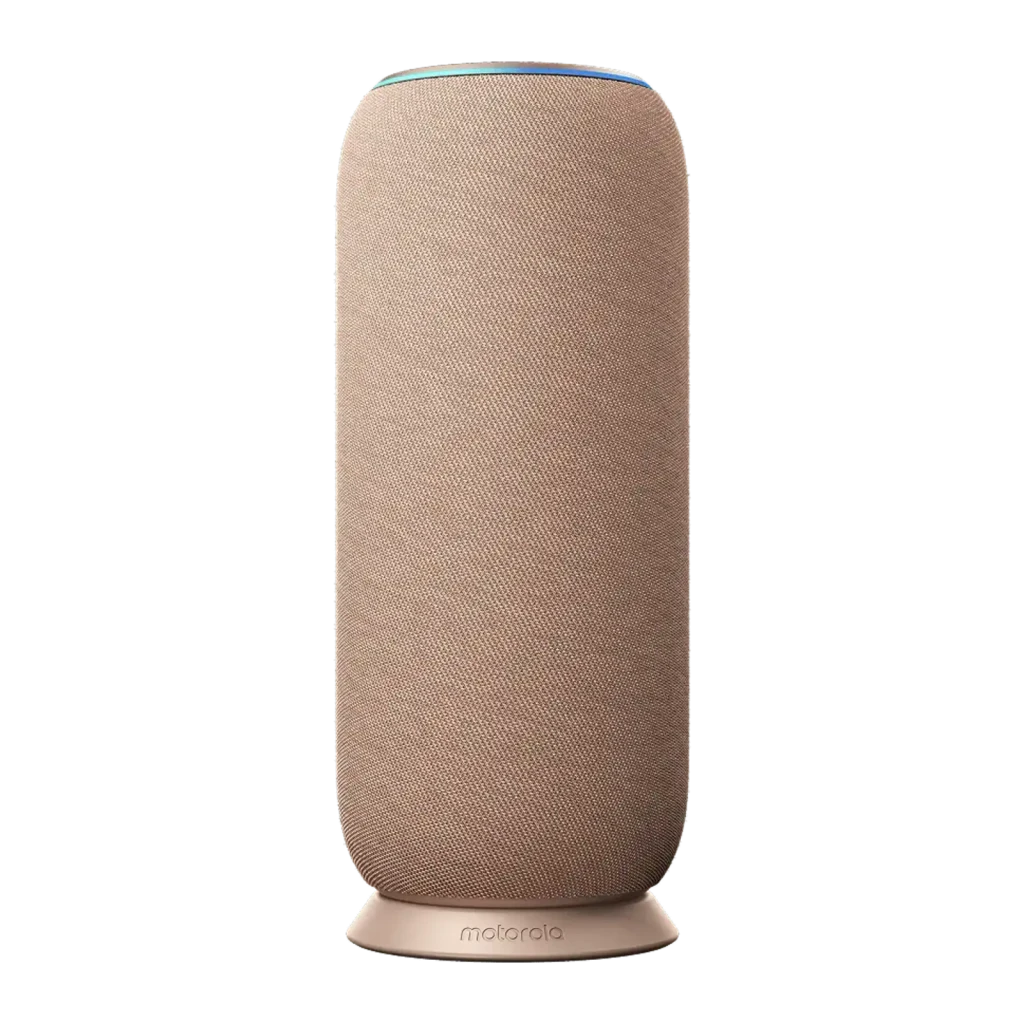 Altavoz cilíndrico Warm Taupe con tela tejida, base antideslizante y anillo LED superior; botones táctiles y logo Motorola centrado en la parte superior - Ítem1