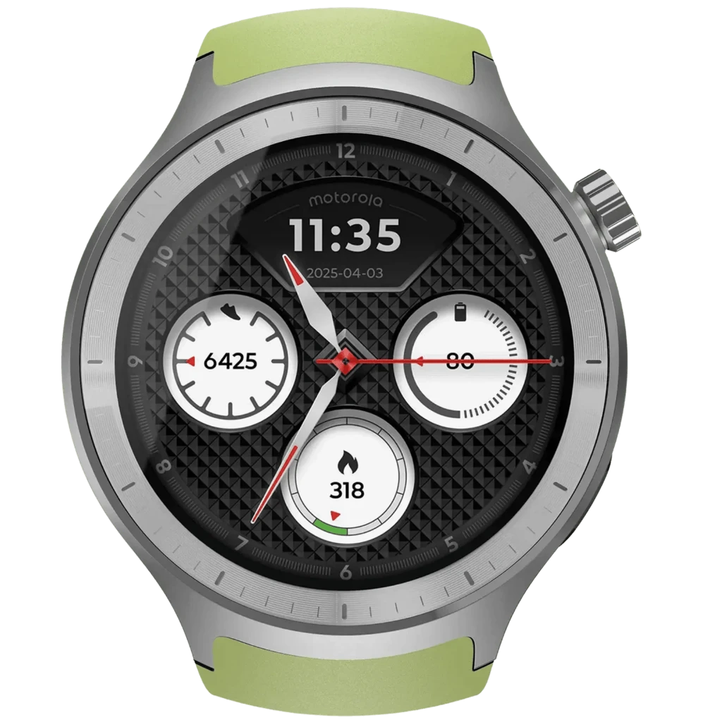 Moto Watch 2 da Motorola prateado com caixa metálica, ecrã AMOLED 1,43 pol, mostrador preto com três subdials e bracelete verde perfurada, GPS L1/L5 - Item2