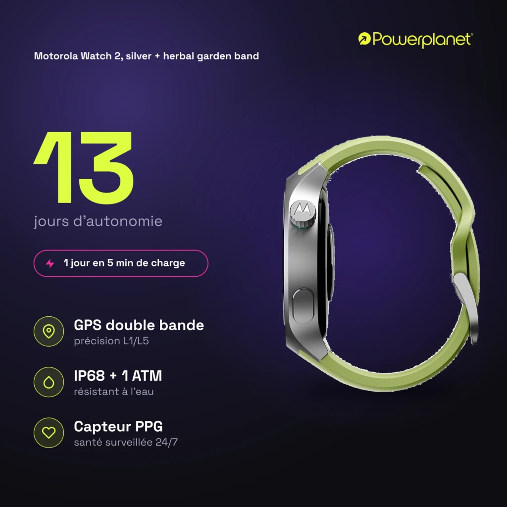 Moto Watch 2 da Motorola prateado com caixa metálica, ecrã AMOLED 1,43 pol, mostrador preto com três subdials e bracelete verde perfurada, GPS L1/L5 - Item4