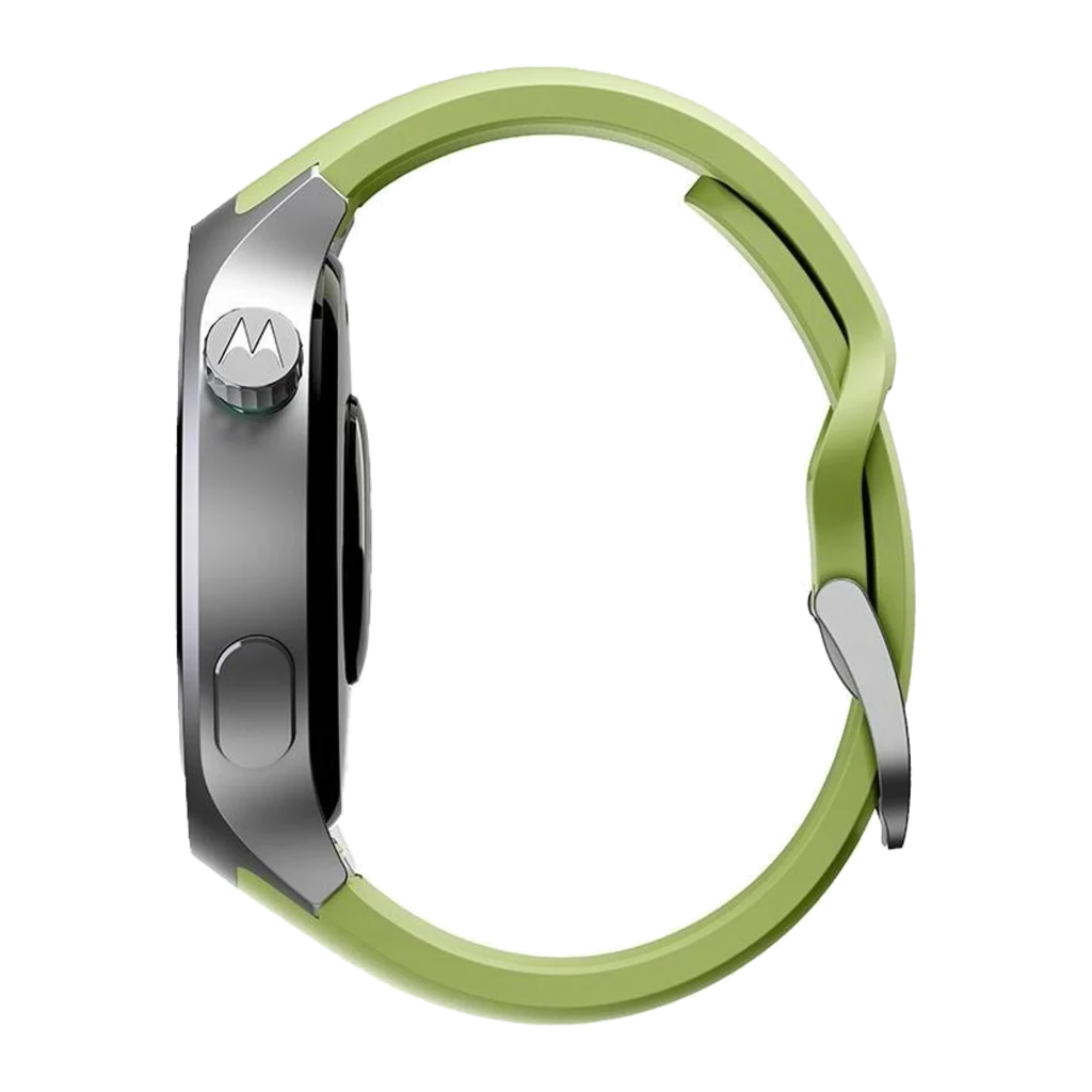 Moto Watch 2 da Motorola prateado com caixa metálica, ecrã AMOLED 1,43 pol, mostrador preto com três subdials e bracelete verde perfurada, GPS L1/L5 - Item3