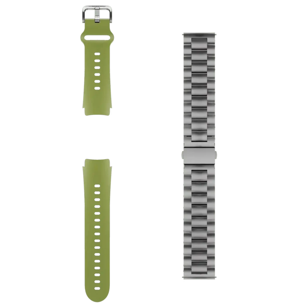 Moto Watch 2 da Motorola prateado com caixa metálica, ecrã AMOLED 1,43 pol, mostrador preto com três subdials e bracelete verde perfurada, GPS L1/L5 - Item1