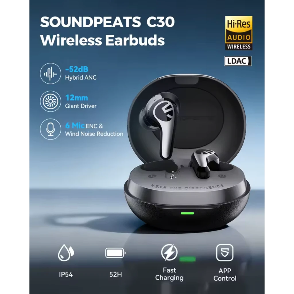 SoundPEATS C30 Auriculares Bluetooth Beige con estuche compacto ovalado, acabado mate, dos earbuds intrauditivos con aletas de sujeción y detalles en relieve - Ítem1