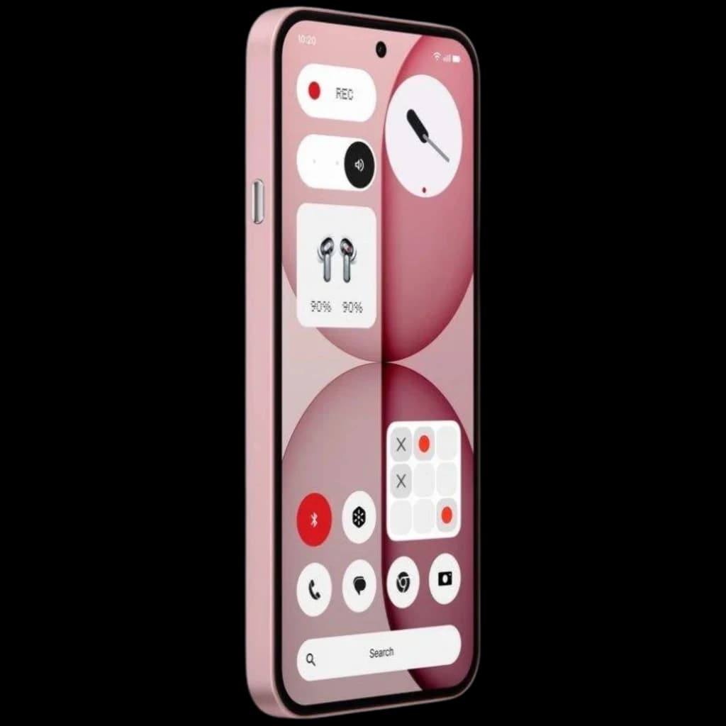Nothing Phone 4a 5G rosa com tela AMOLED LTPS 6,78 polegadas, bordas finas, furo central para câmera e interface minimalista em tom rosé