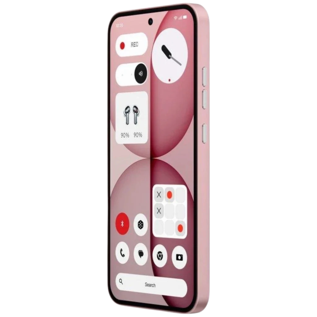 Nothing Phone 4a 5G rosa con tapa trasera transparente y módulos visibles, doble cámara horizontal, frontal con pantalla AMOLED LTPS 6,78 y biseles finos - Ítem5