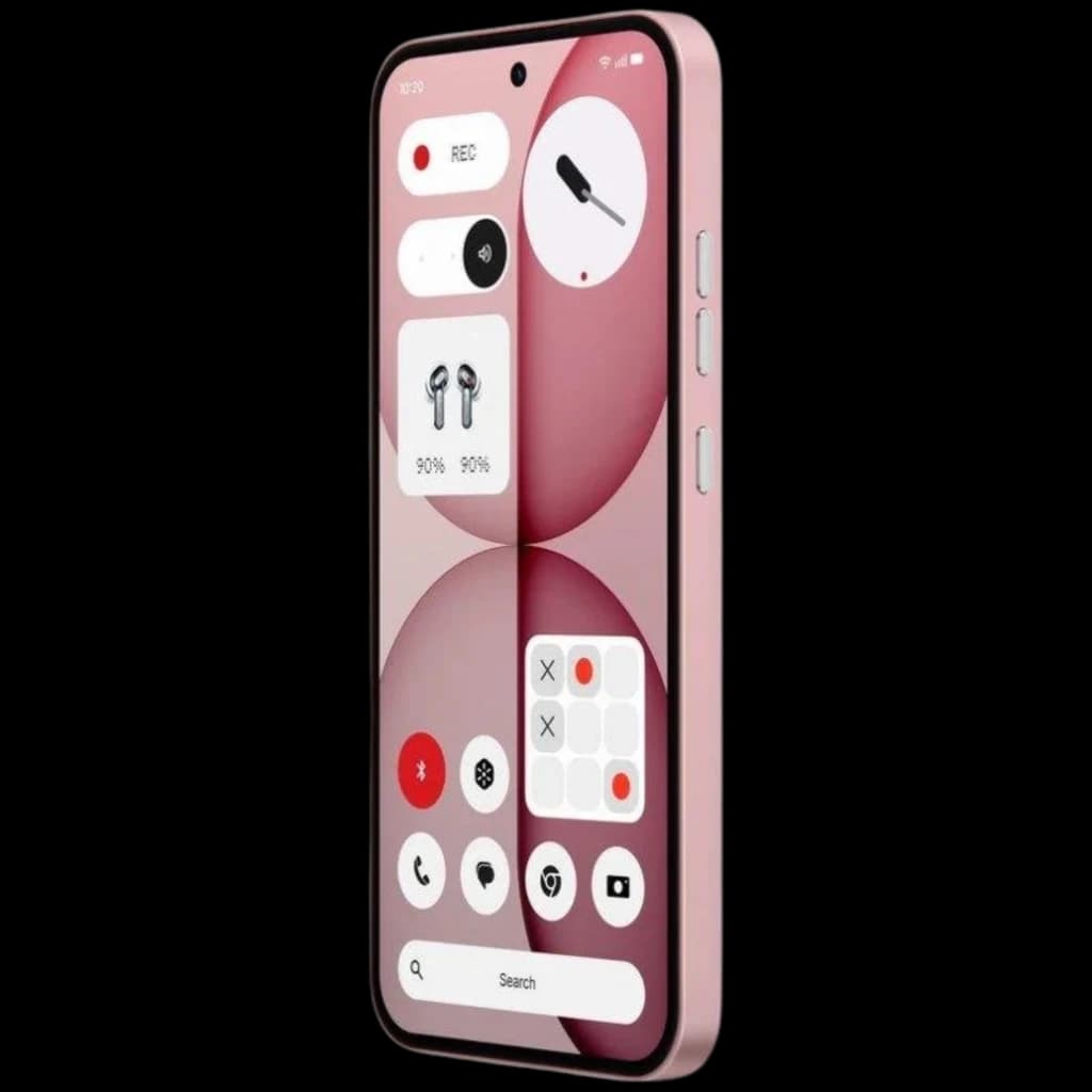 Nothing Phone 4a 5G rosa com tela AMOLED LTPS 6,78, bordas finas, furo central para câmera, laterais metálicas com três botões e interface minimalista