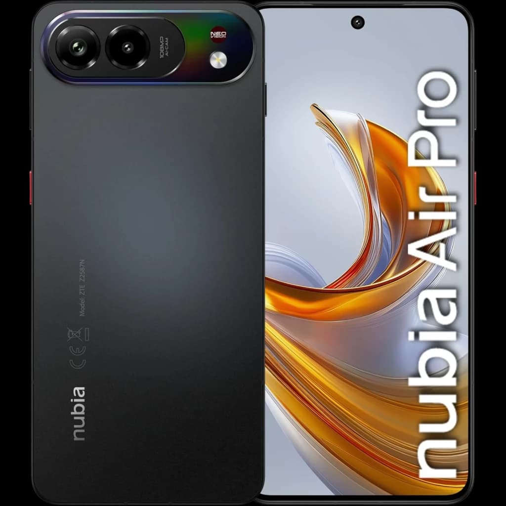 ZTE Nubia Air Pro 5G negro con pantalla AMOLED 6,78 punch hole 144 Hz, marcos finos, cámara trasera triple con módulo ovalado y logo nubia vertical