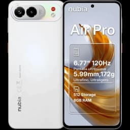 ZTE Nubia Air Pro 5G blanco ultrafino con pantalla 6.77 pulgadas 120Hz, cámara dual trasera y frontal perforada; módulo claro con anillo metálico y logo