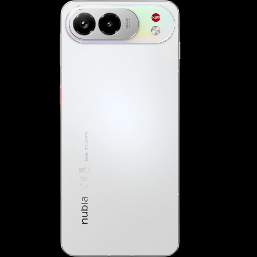 ZTE Nubia Air Pro 5G blanco con trasera mate y módulo de cámara dual ovalado con aro arcoíris, lentes grandes y flash; borde con botón rojo distintivo