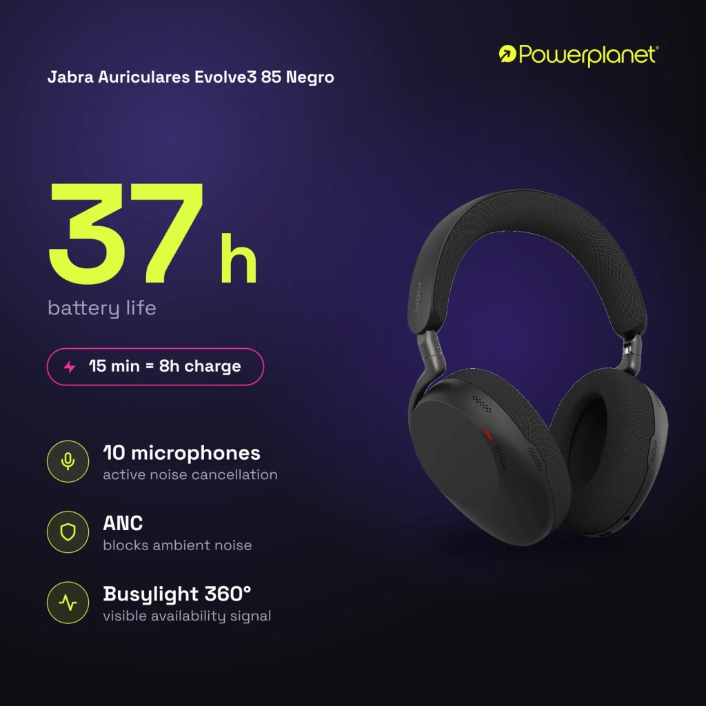 Jabra Evolve3 85 preto: vista frontal com fita e almofadas - Item13