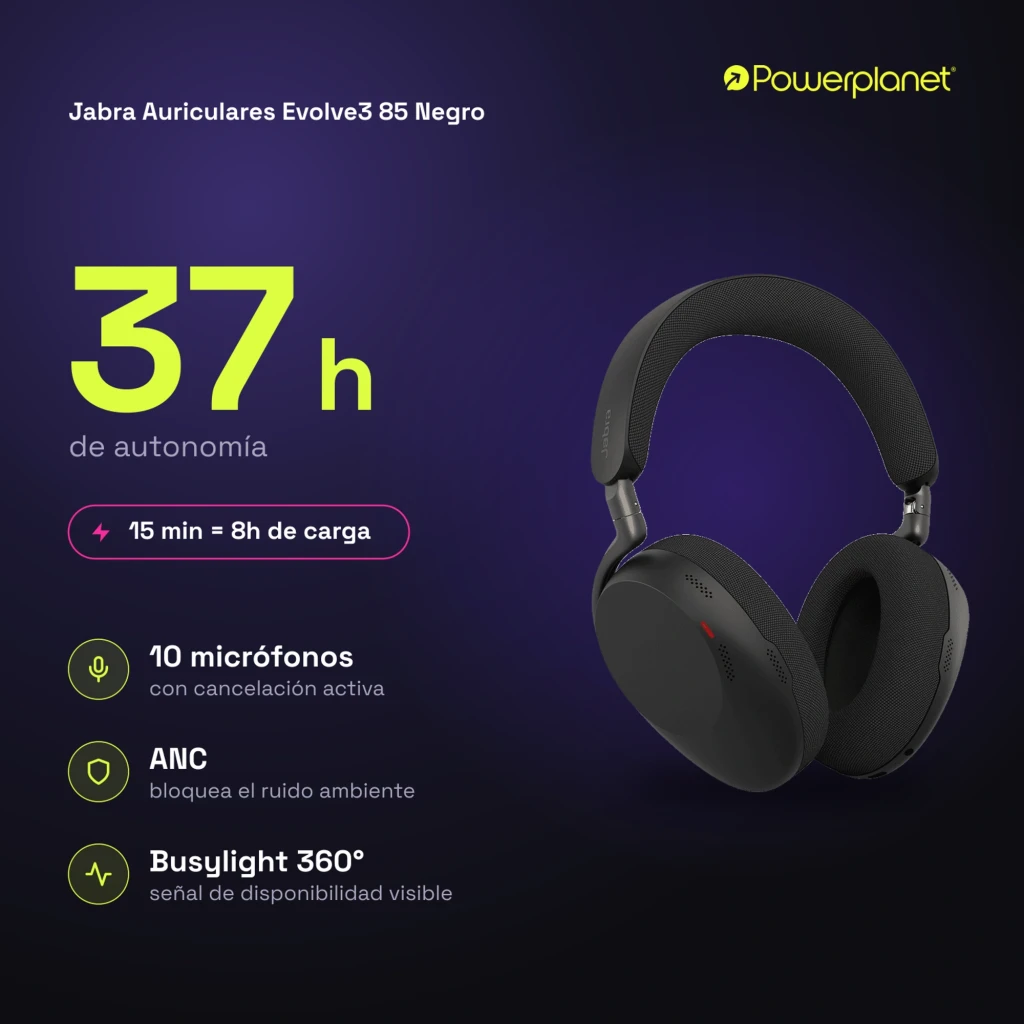 Jabra Evolve3 85 preto: vista frontal com fita e almofadas - Item10