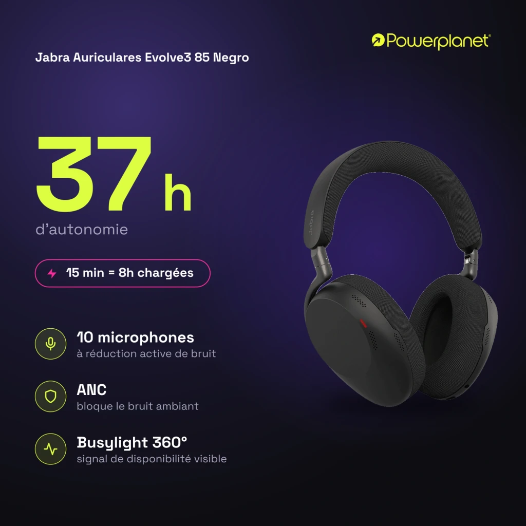Jabra Evolve3 85 preto: vista frontal com fita e almofadas - Item12