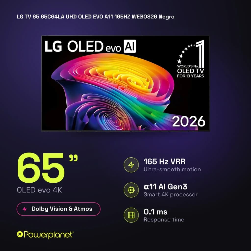 LG 65C64LA Smart TV OLED Evo 65" 4K con biseles finos, panel ultradelgado, colores vibrantes y negros profundos; 165 Hz, α11 AI Gen3, Dolby Vision y Atmos