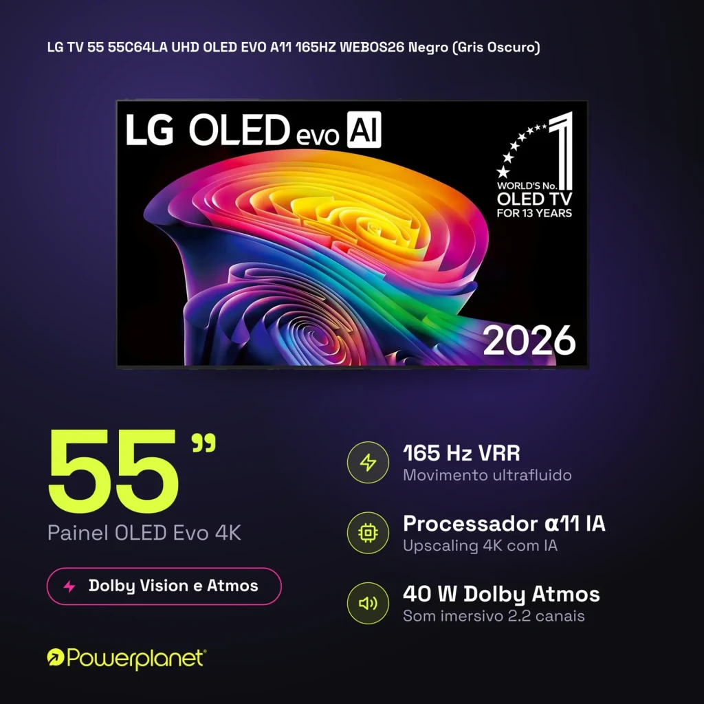 LG 55C64LA Smart TV OLED Evo 55 4K α11 AI Gen3 com tela fina sem bordas, pretos profundos, cores vibrantes e base central metálica elegante - Item6